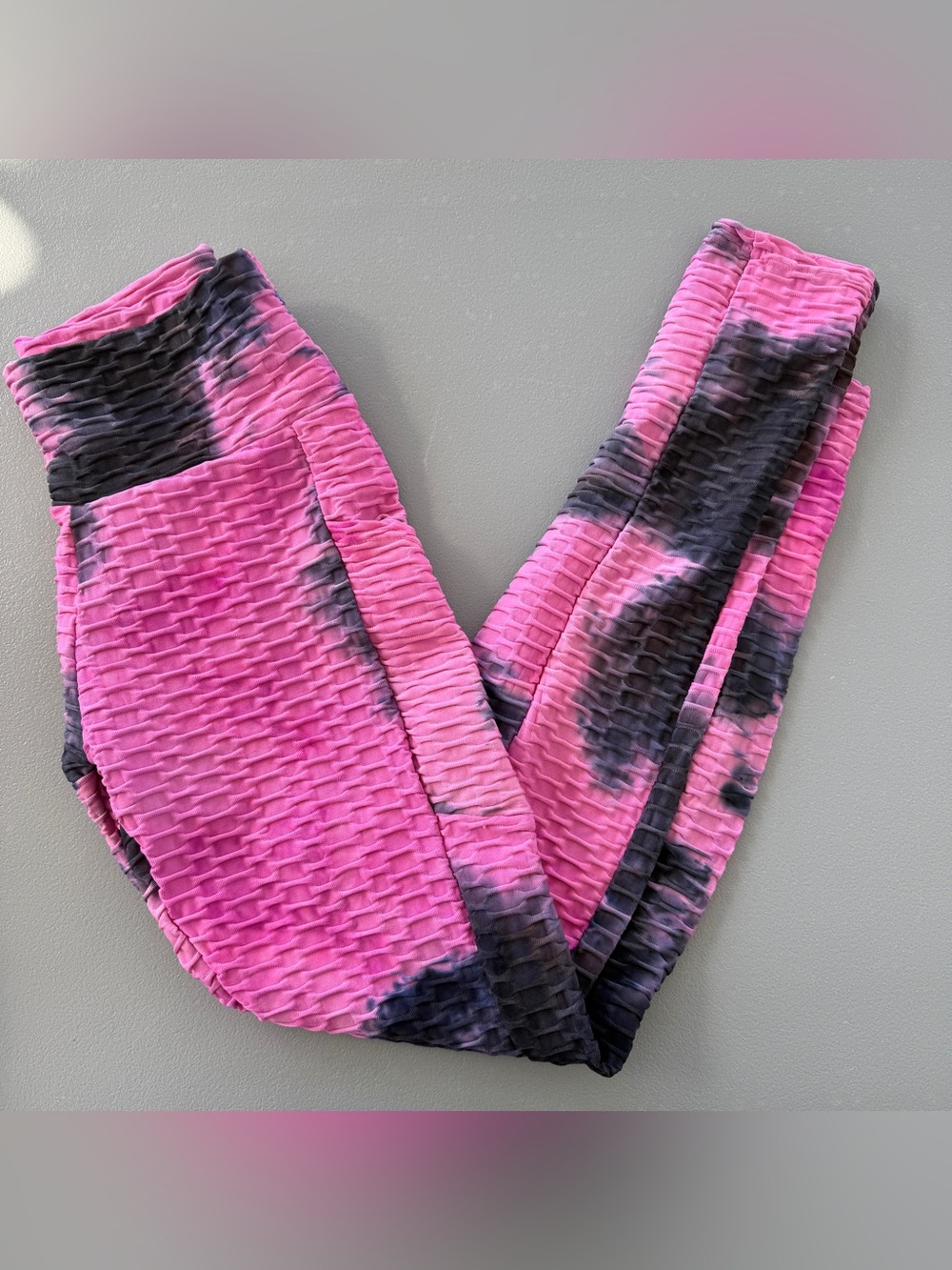 Women's Small Textured Scrunch Pink Black Tie Dye Leggings
